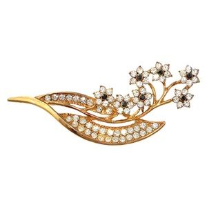 Vintage Rhinestone Flower Brooch Gold Tone Bouquet Clear Black Flowers Long Stem